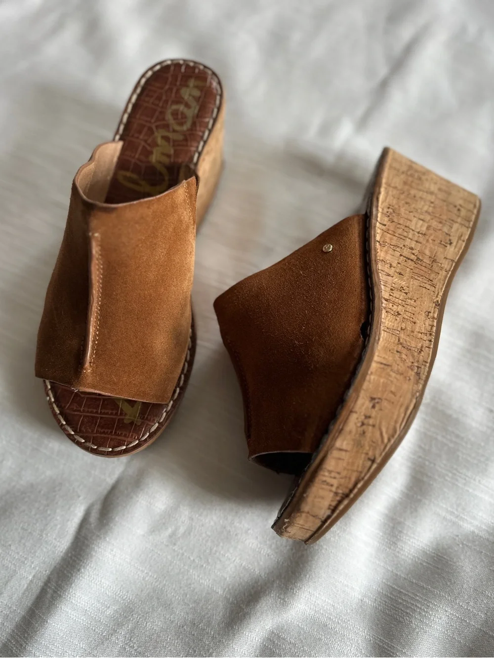 Sam Edelman Ranger Saddle Brown Suede Cork Platform Wedge Sandals | 8.5